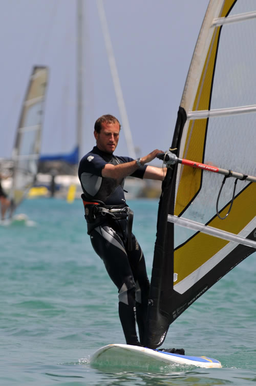 Jon learning to beach start his windsurfer.